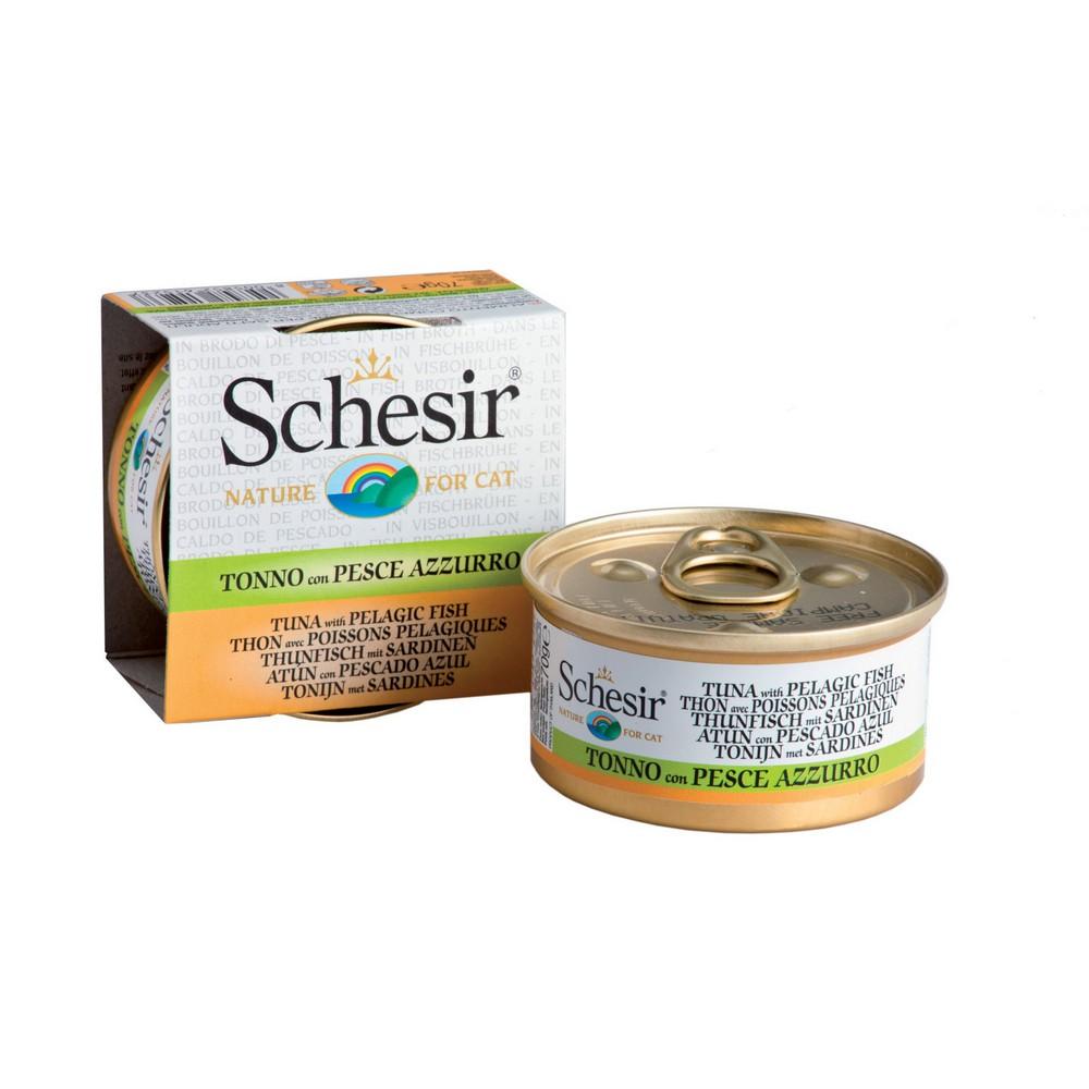Schesir cat in brodo di cottura con tonno e pesce azzurro 70gr
