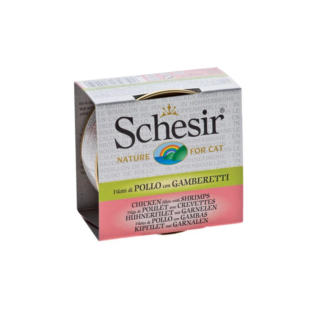 Schesir cat in brodo di cottura con filetti di pollo e gamberetti 70gr