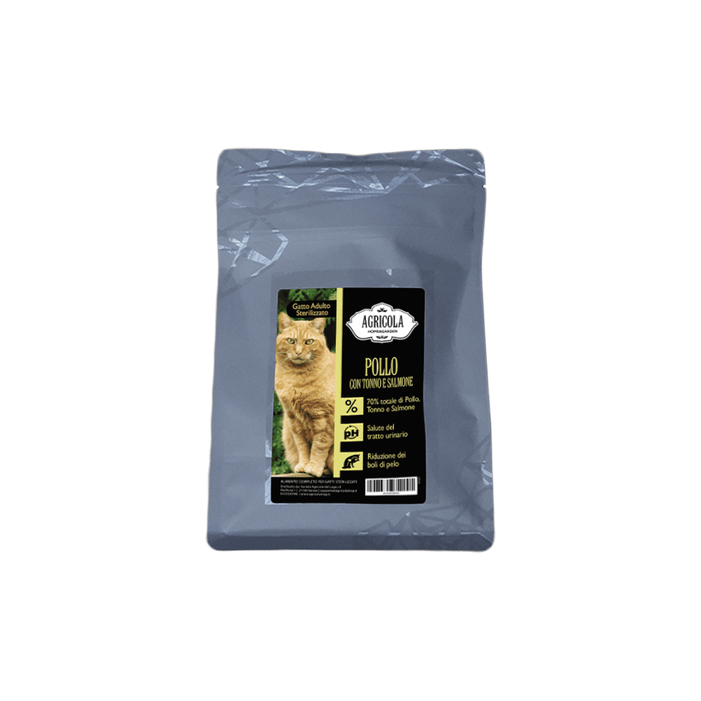 Cibo secco per gatto adulto sterilizzato al pollo, tonno e salmone 300 gr.