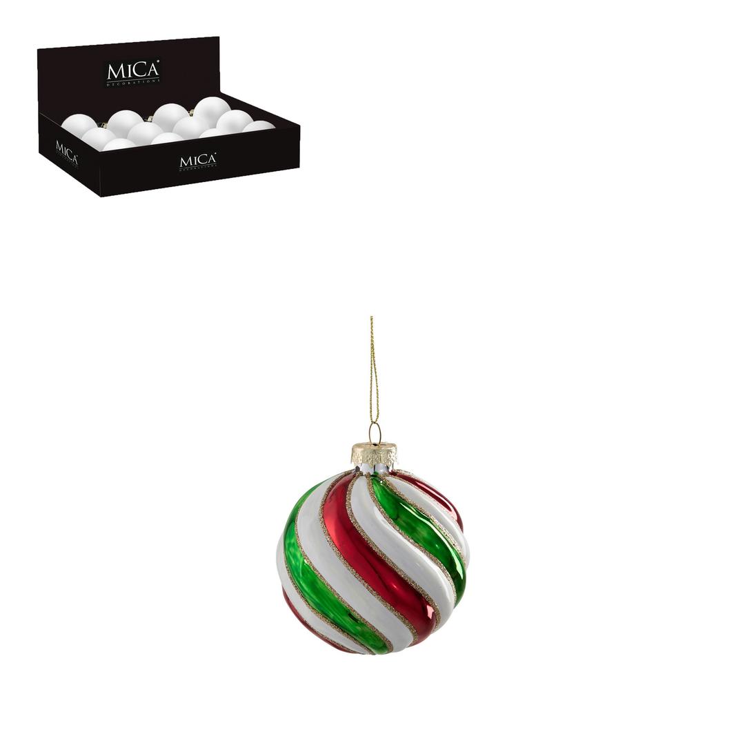 Display 12 Palle in Vetro 8cm a Strisce Rosse