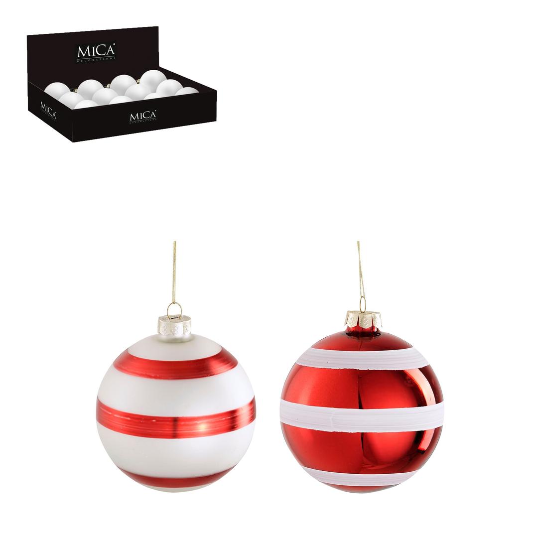 Display 12 Palle in Vetro 10cm a Strisce Rosse e Bianche