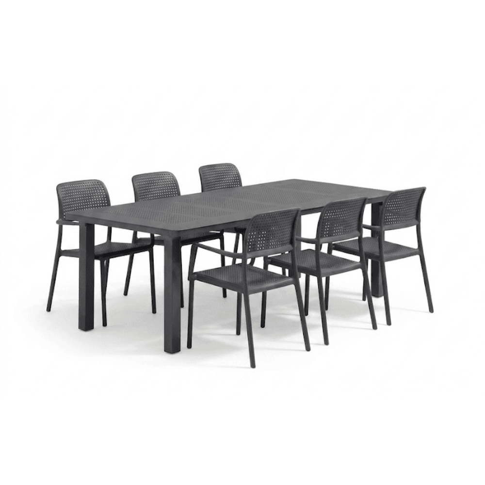 SET Tavolo Libeccio 160/220 cm + 6 sedie Bora antracite Set da pranzo allungabile e impilabile Nardi