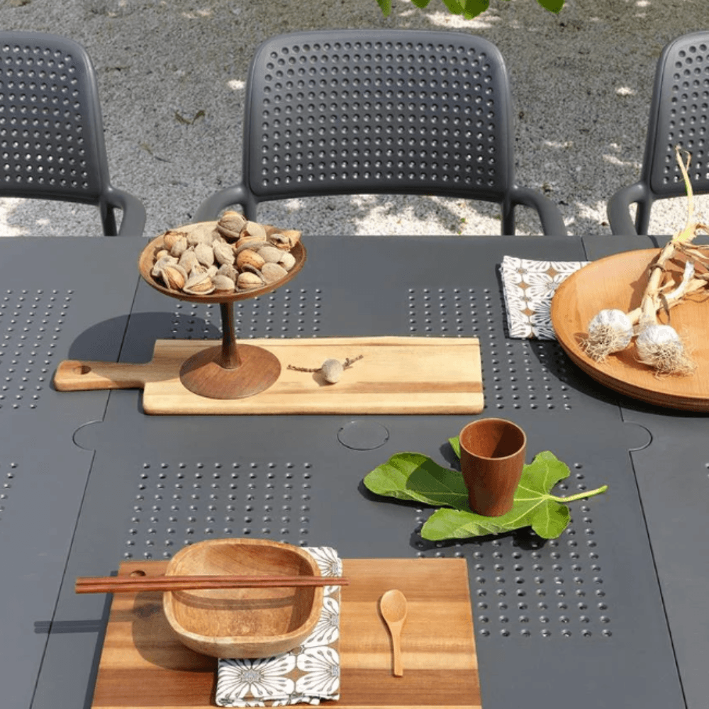 SET Tavolo Libeccio 160/220 cm + 6 sedie Bora antracite Set da pranzo allungabile e impilabile Nardi