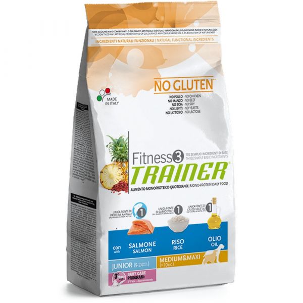 Trainer fitness 3 no gluten junior med&maxi salmone mais olio 12,5kg