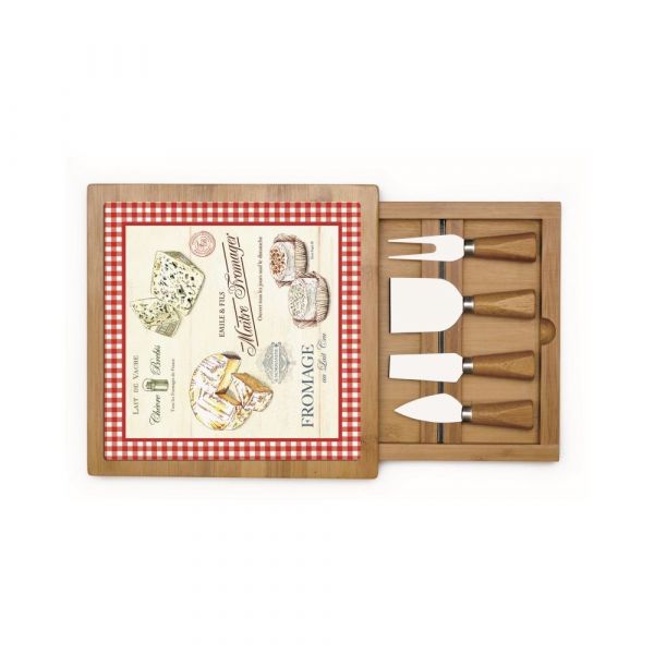 Set tagliere per formaggio in bamboo con 4 coltelli