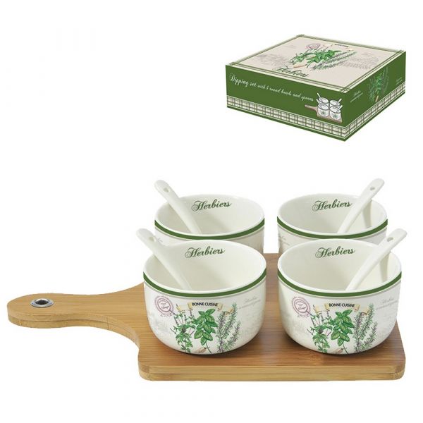 Set per aperitivo con tagliere in bamboo e 4 ciotole