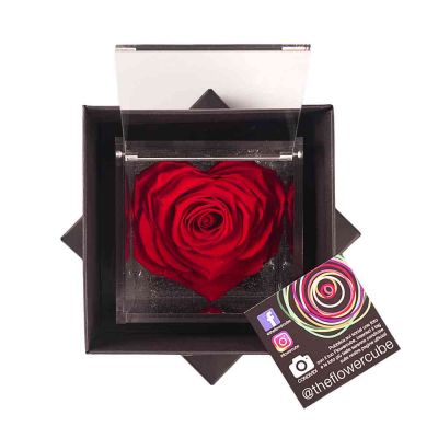 Rosa stabilizzata  a forma di cuore rossa in elegante scatolina 10x10 cm