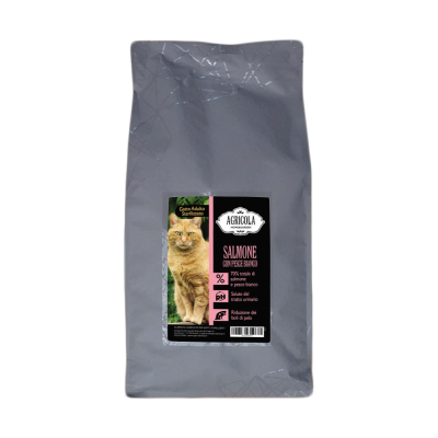 Cibo secco per gatto adulto sterilizzato al salmone e pesce bianco 5 kg.